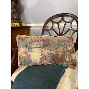 Bess French Aubusson Inspired Tapestry Landscape Lumbar Pillow Velvet Back 24"